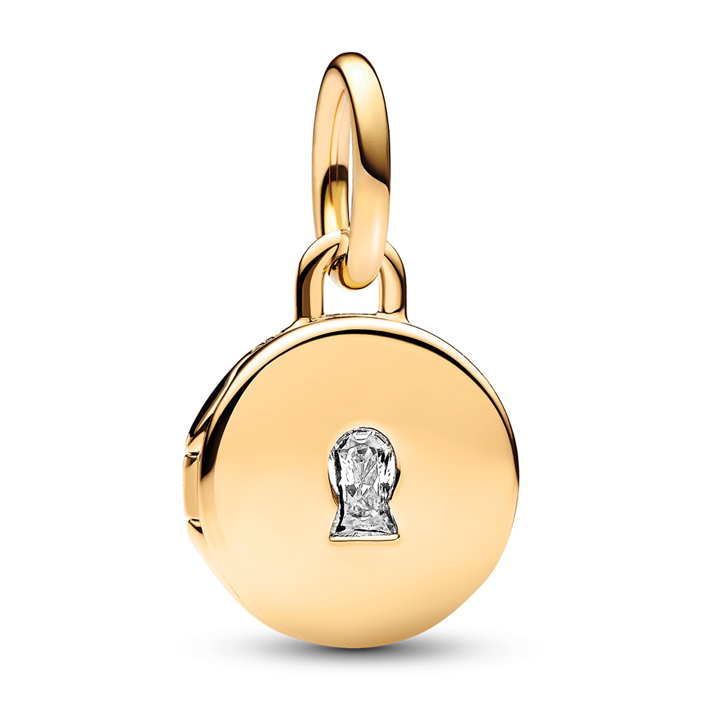 Key hole engravable locket 14k gold-plated dangle with clear cubic zirconia