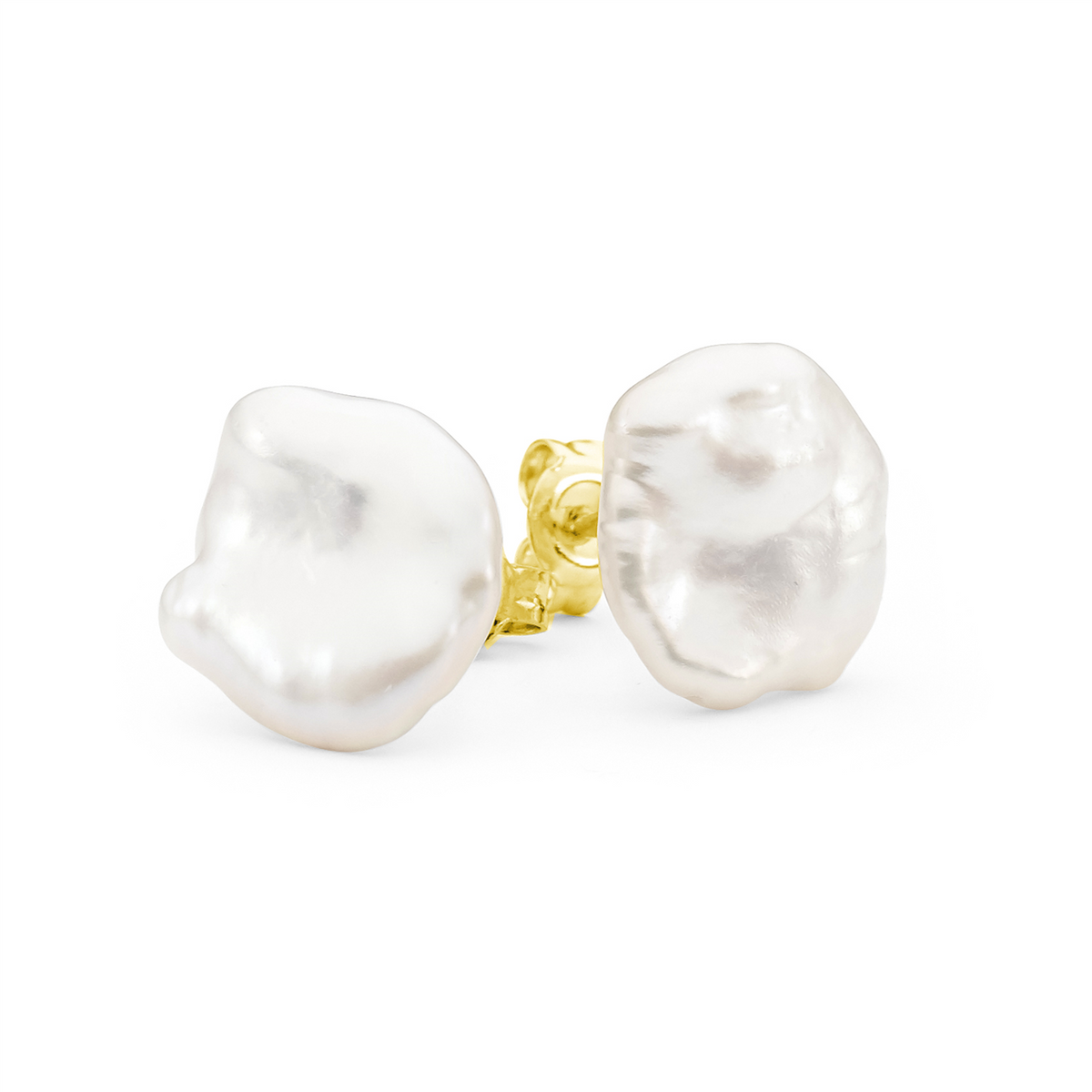 White Keshi Pearl Earrings in 9ct Yellow Gold