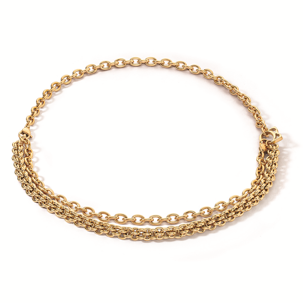 Necklace, Stainless steel gold plated variegated chain style multiwear necklace. Wear layered short or long.