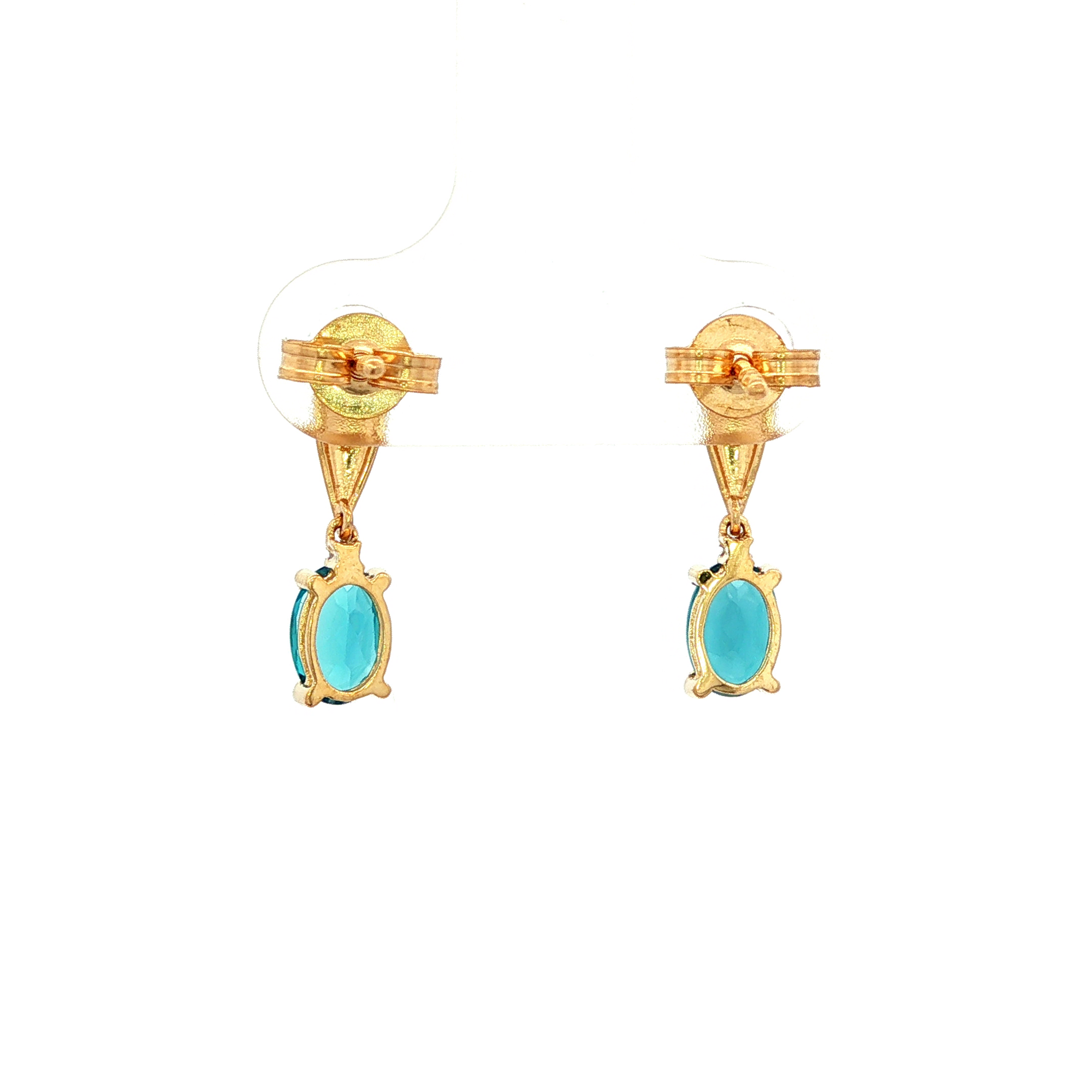 Bluish-Green Topaz and Diamond Drop Earrings in Yellow Gold