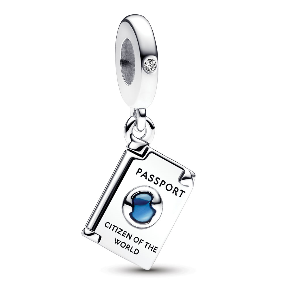 Passport sterling silver dangle with clear cubic zirconia and shaded blue enamel