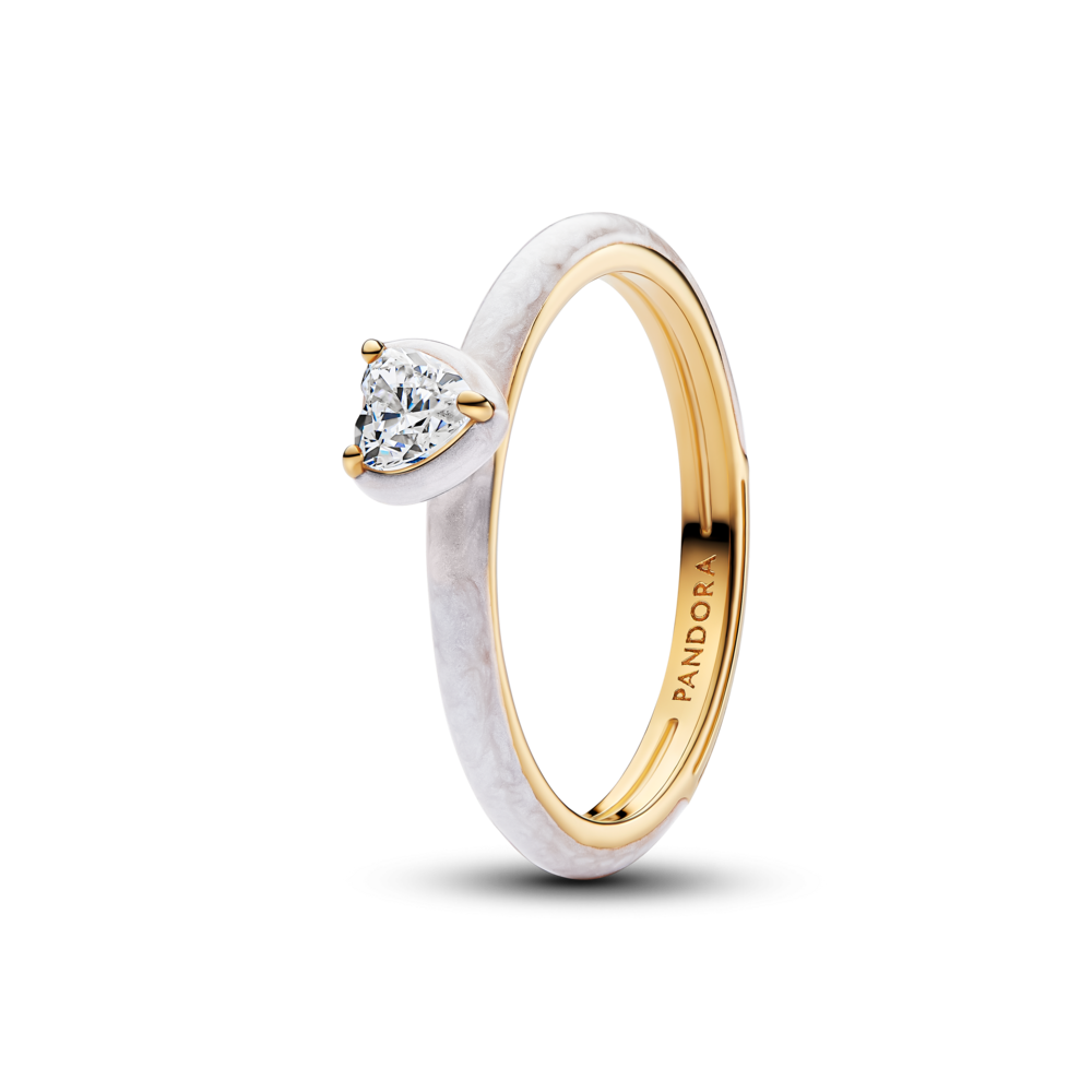 Heart 14k gold-plated ring with clear cubic zirconia and shimmering white enamel