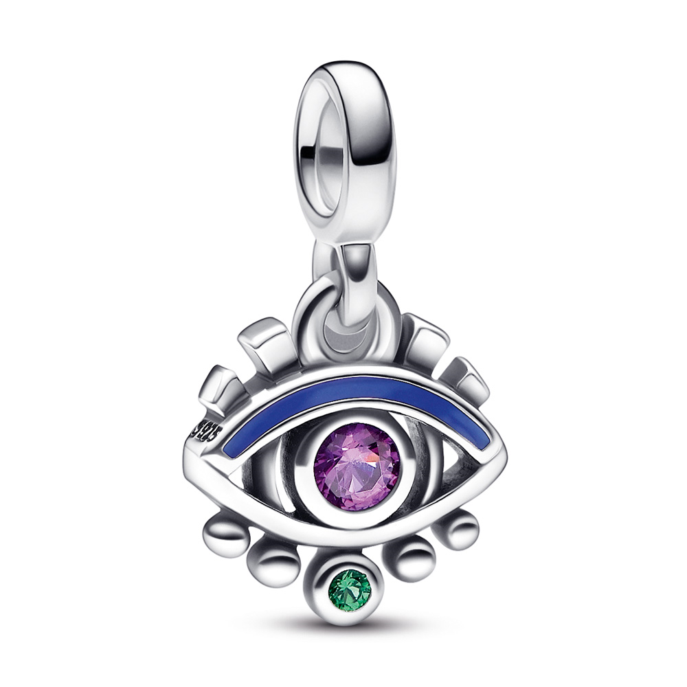 Pandora Eye sterling silver mini dangle with royal purple crystal, royal green crystal and blue enamel