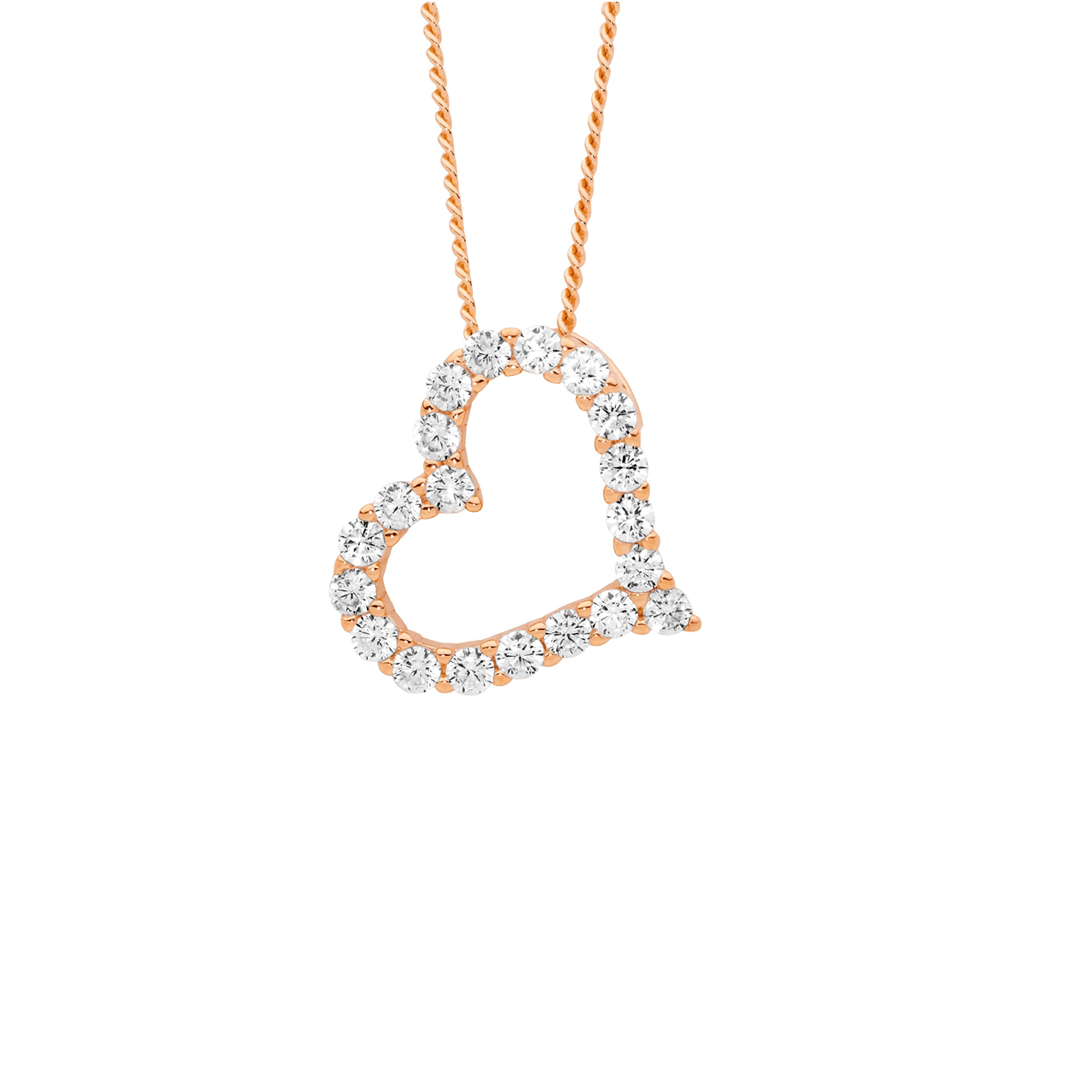 Ellani SS WH CZ 13mm Open Heart On Angle Pendant W/Rose Gold Plating
