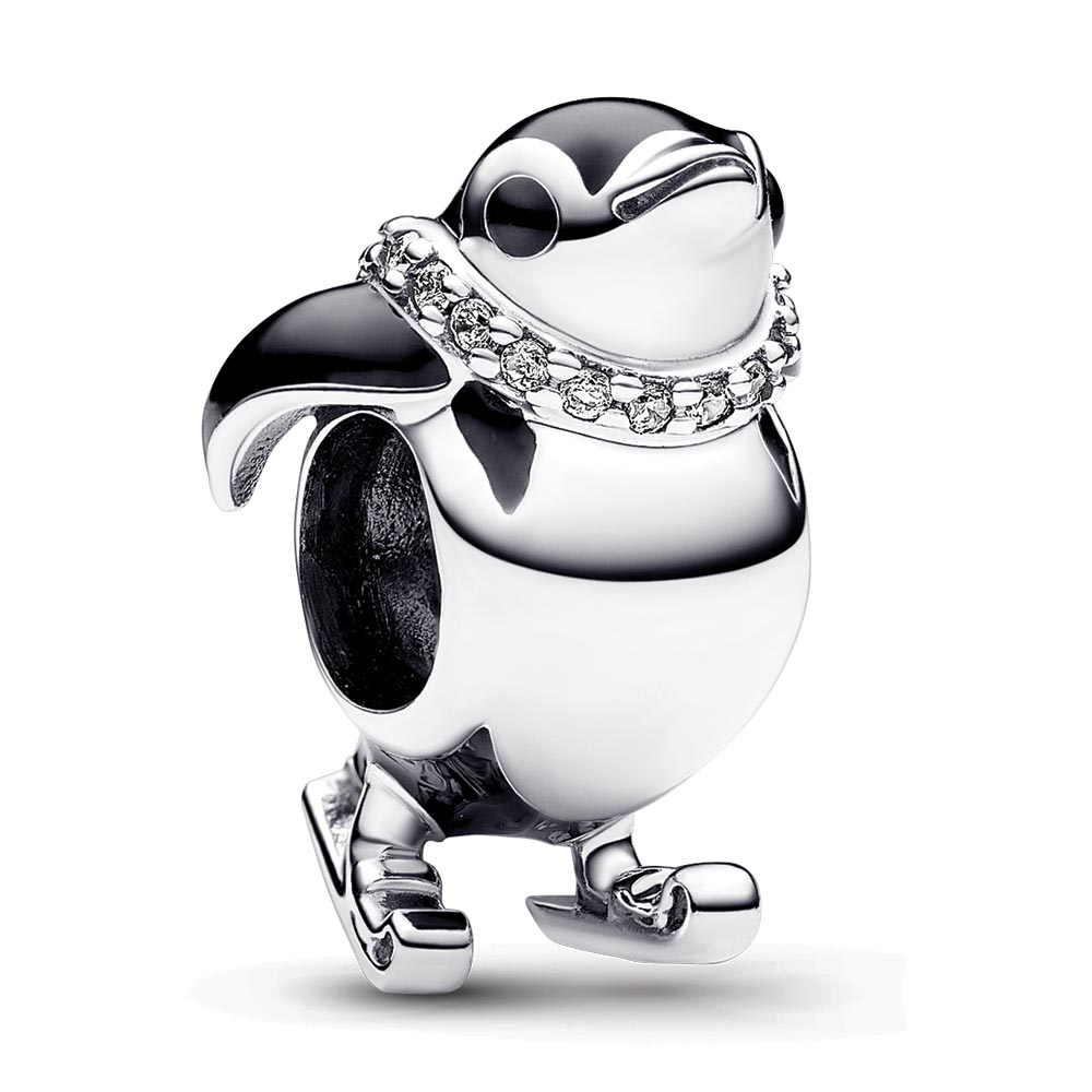 Skiing penguin sterling silver charm with clear cubic zirconia and black enamel
