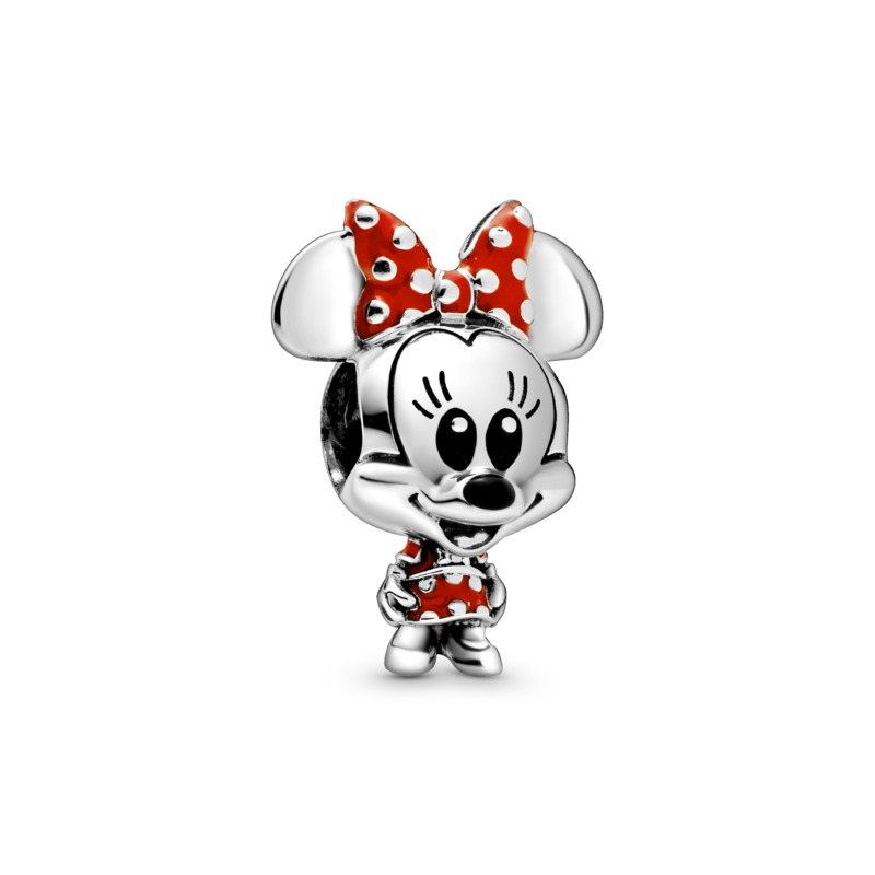 Disney Minnie Dotted Dress & Bow Silver Charm w Red & Black Enamel