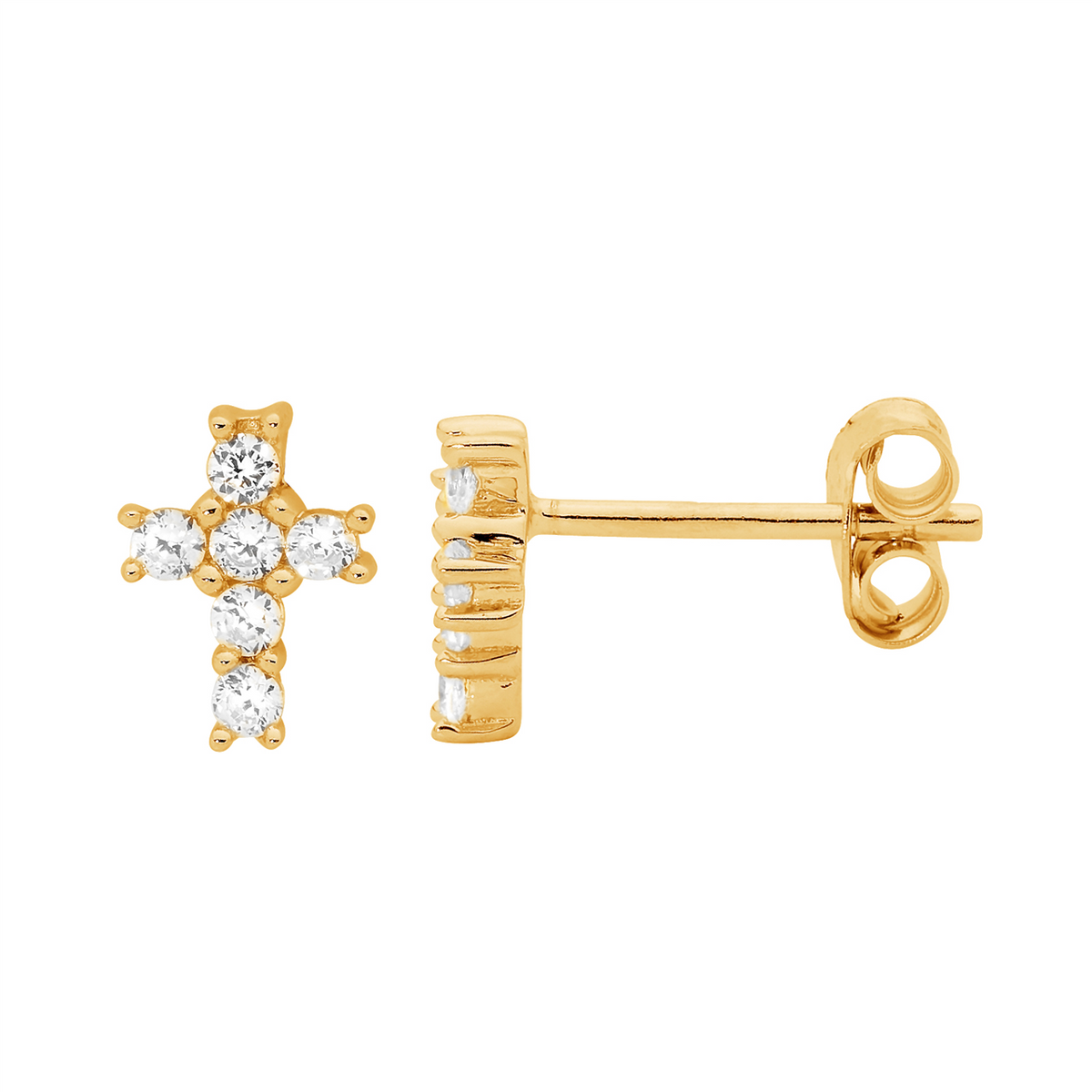 Ellani Claw Set Small Cross Stud Earrings w/ Gold Plating