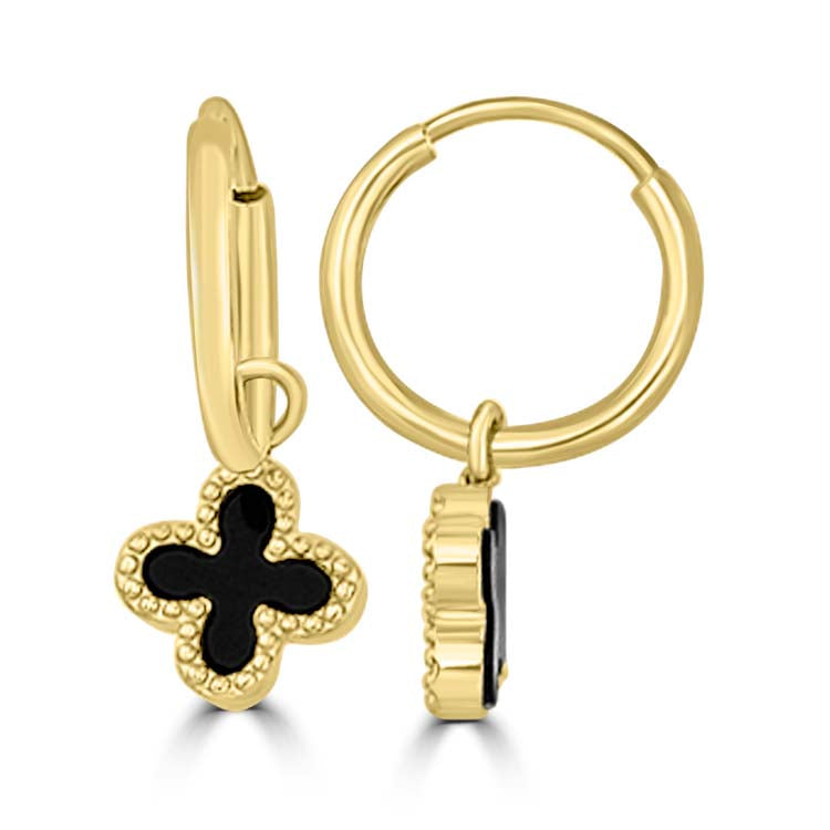 Black Onyx Clover Huggie Earrings in 9K Yellow Gold