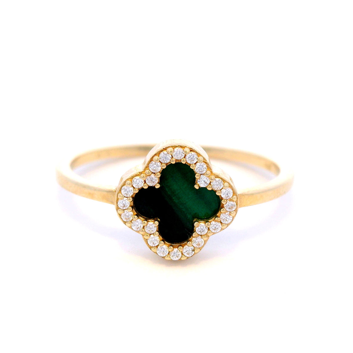 Malachite Clover Dress Ring with Cubic Zirconia Surround in 9 Carat Yellow Gold