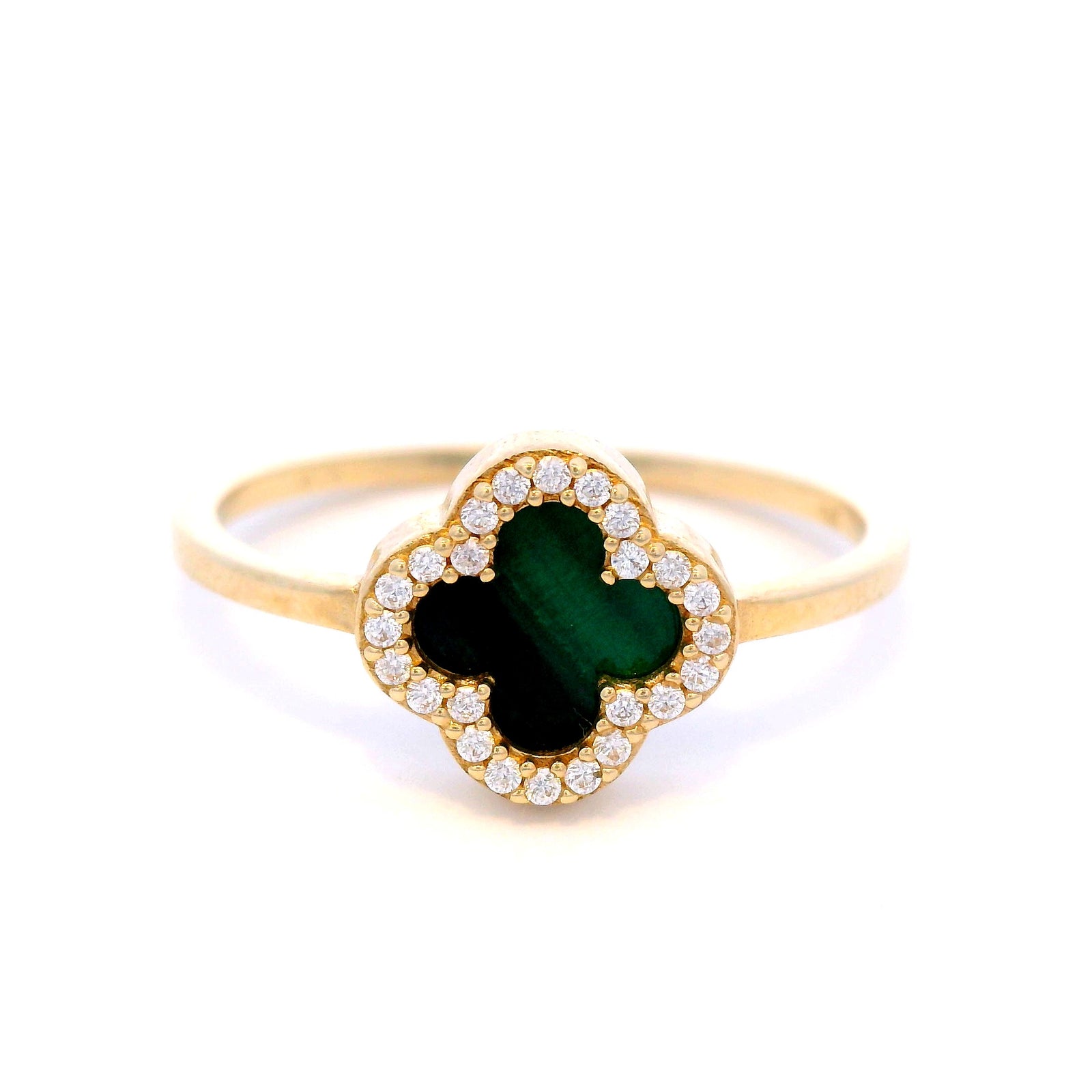 Malachite Clover Dress Ring with Cubic Zirconia Surround in 9 Carat Yellow Gold