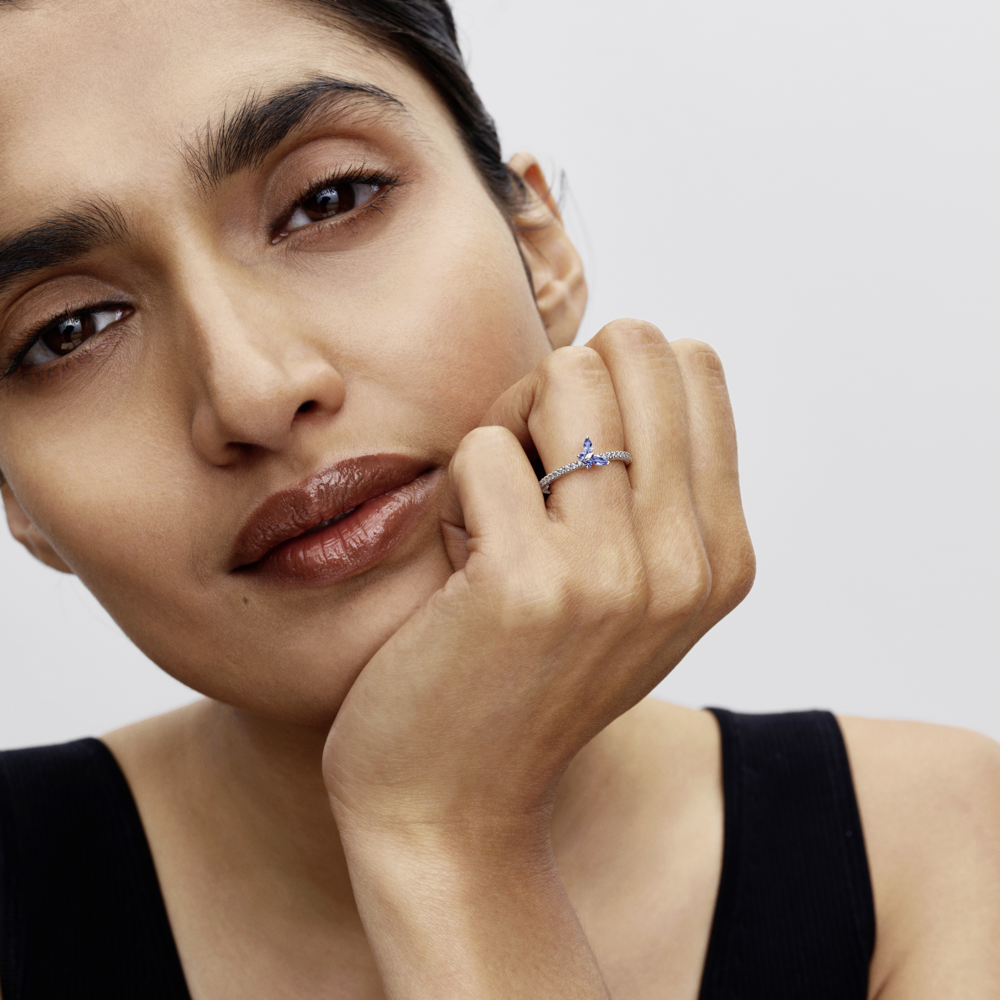 Butterfly sterling silver ring with cornflower blue crystal and clear cubic zirconia