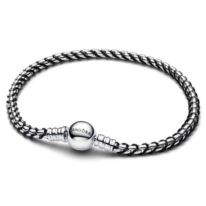 Braided sterling silver box chain bracelet with black textile cord