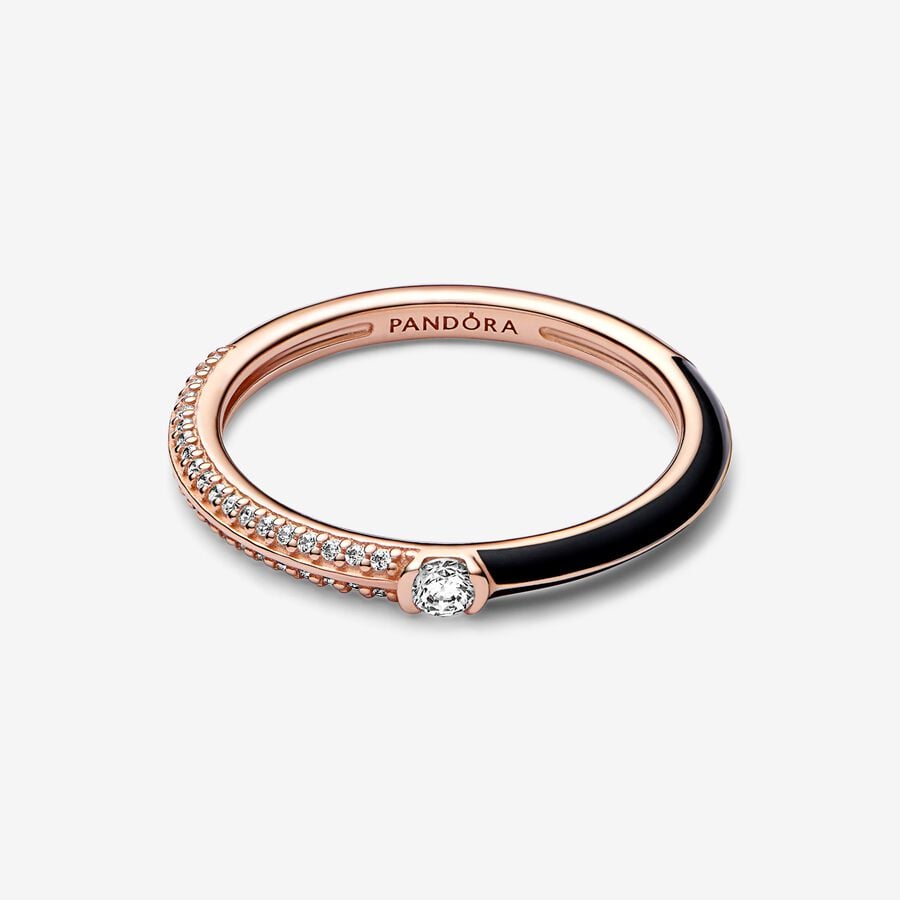 14k Rose gold-plated ring with clear cubic zirconia and black enamel