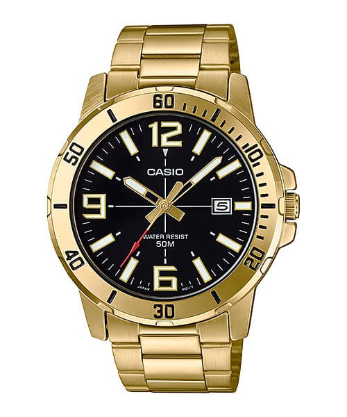 Casio Analog Black Face Gold Case, Stainless Steel Band