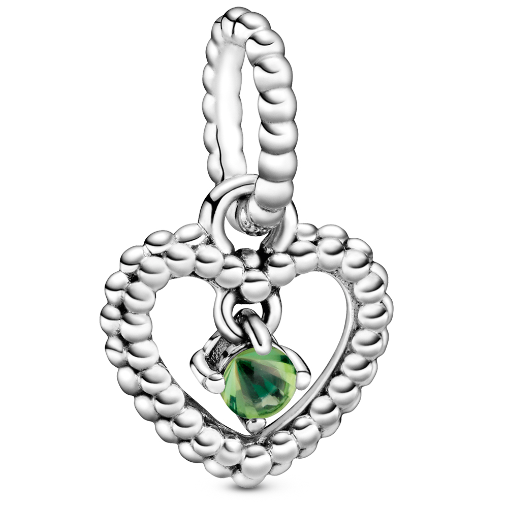 Pandora August Spring Green Heart Silver Hanging Charm with Man-Made Spring Green Crystal