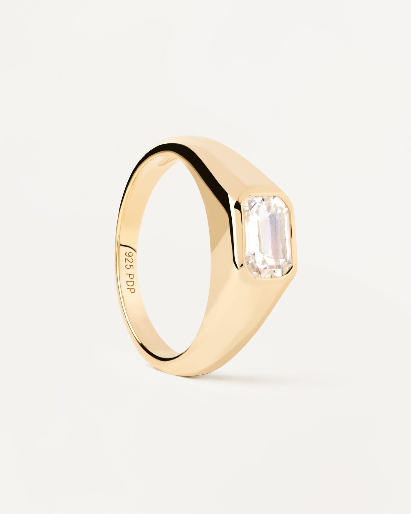 PDPAOLA Gold-Plated Silver Signet Ring With Rectangular White Zirconia