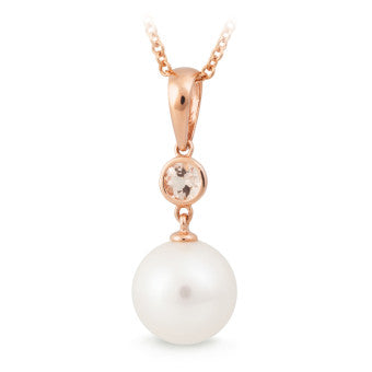 Freshwater Pearl and Morganite Pendant in Red Gold