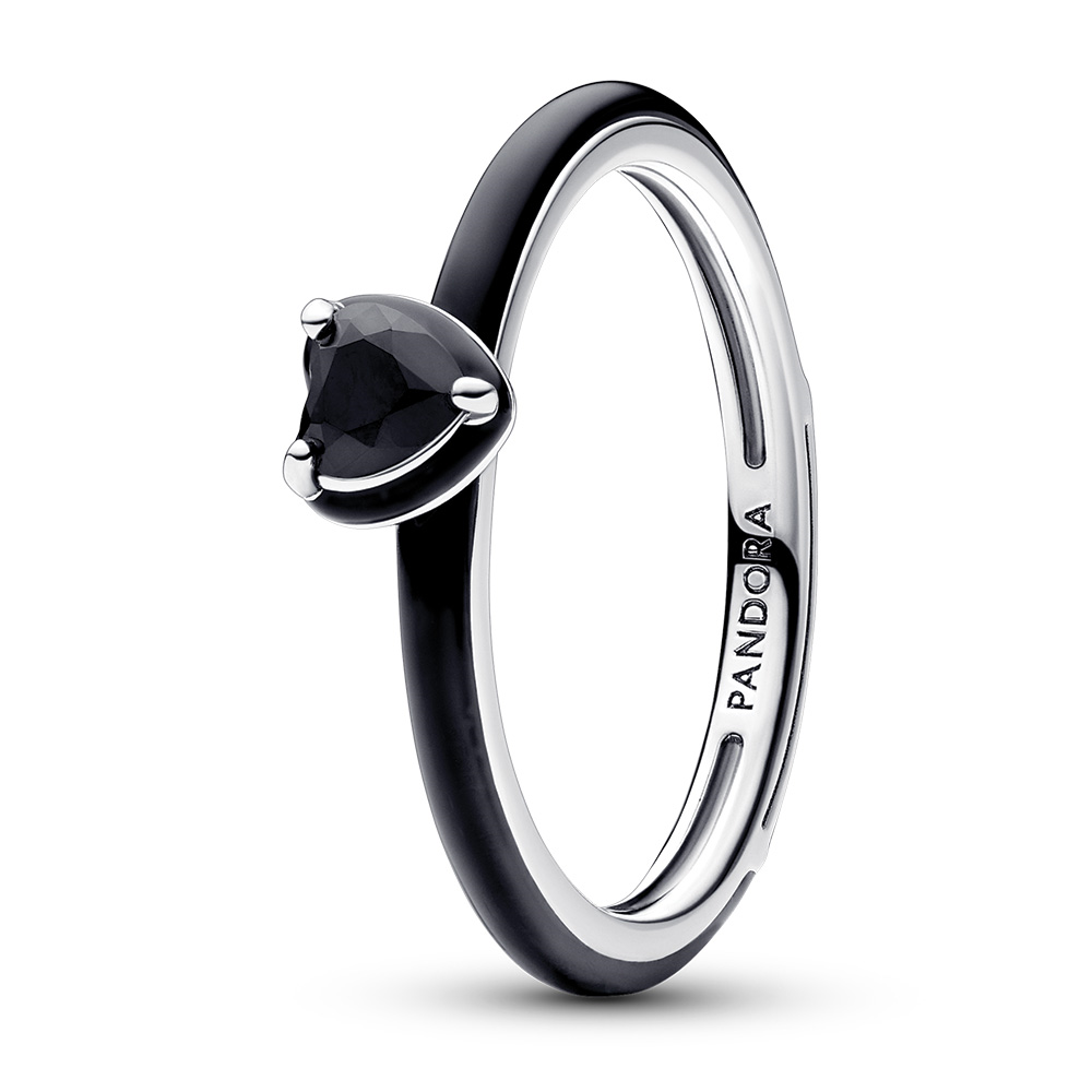 Heart sterling silver ring with black crystal and black enamel