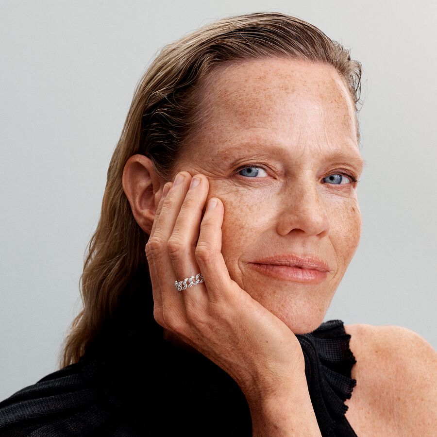 Cuban chain sterling silver ring with clear cubic zirconia