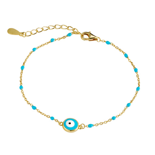 Yellow Gold Plated Light Blue Enamel Evil Eye Bracelet