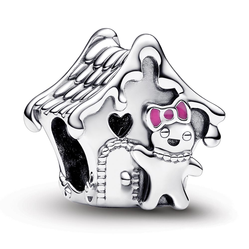 Gingerbread house sterling silver charm with pink, red and green enamel