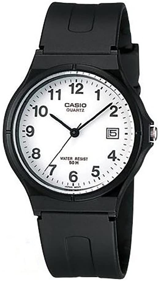 Casio Gents Analogue Watch with White Face, Arabic Numbers, 50 Metres Water Resistant and Black Resin Band.  Model: MW59-7B