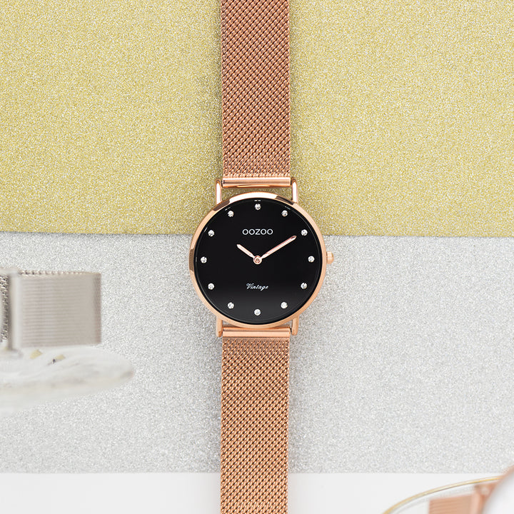 Rose Gold Oozoo Watch With Rose Gold Metal Mesh Bracelet