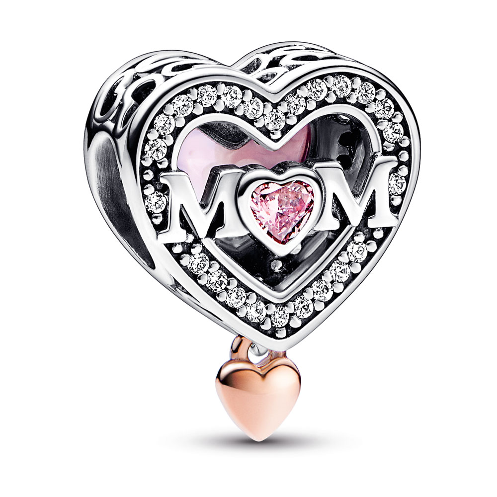 Mum heart sterling silver and 14k rose gold-plated charm with clear, fancy fairy tale pink and pink  cubic zirconia