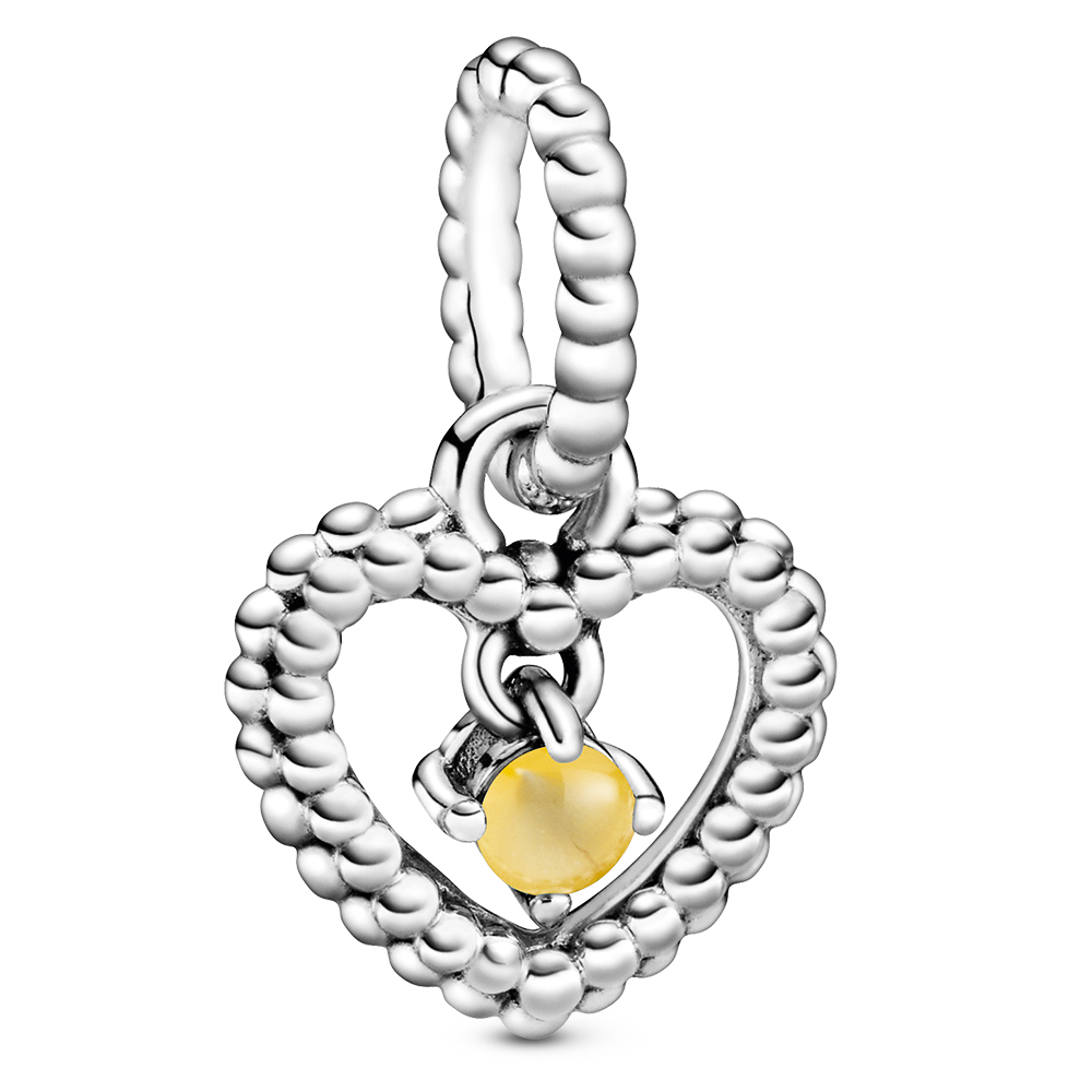 Pandora November Honey Coloured Heart Silver Hanging Charm with Man-Made Honey Coloured Crystal