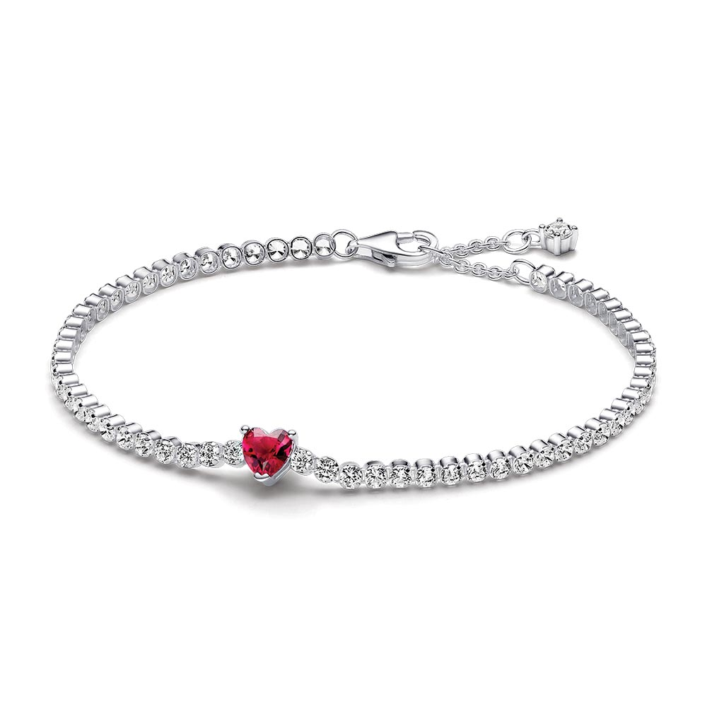 Heart sterling silver tennis bracelet with cherries jubilee red crystal and clear cubic zirconia