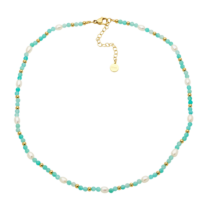 Ellani Stainless steel amazonite & freshwater pearl 40cm necklace w/gold IP plating