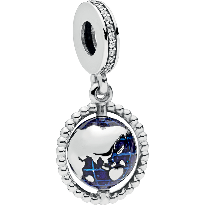 Spinning Globe Silver Hanging Charm w Blue Enamel & Clear CZ