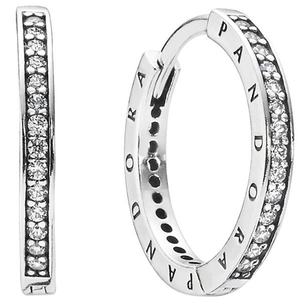 PANDORA Signature Logo Silver Hoop Earrings w CZ