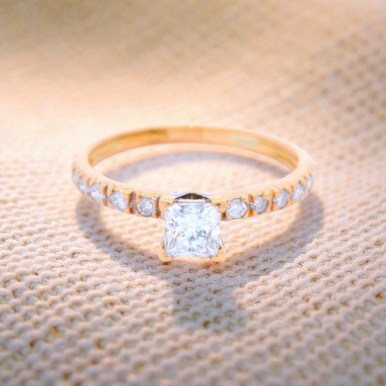 Princess Cut Diamond with Pave Shoulders in Yellow Gold