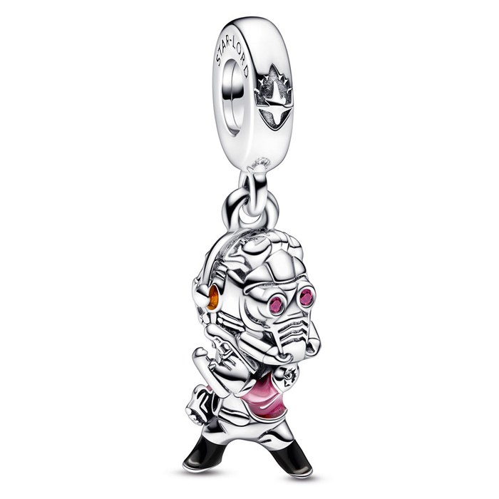 Marvel Star Lord sterling silver dangle with red cubic zirconia, transparent red, black and orange enamel