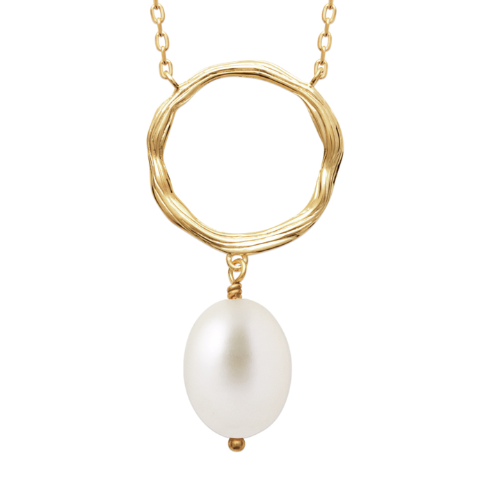 Pearl Drop With Textured Circle Necklet in Yellow Gold