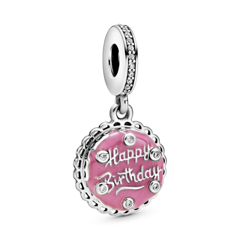 Birthday Cake Silver Hanging Charm w Pink Enamel & CZ