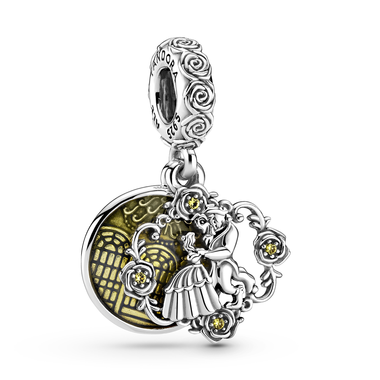 Pandora Disney Beauty and the Beast sterling silver dangle with blazing yellow crystal and yellow enamel