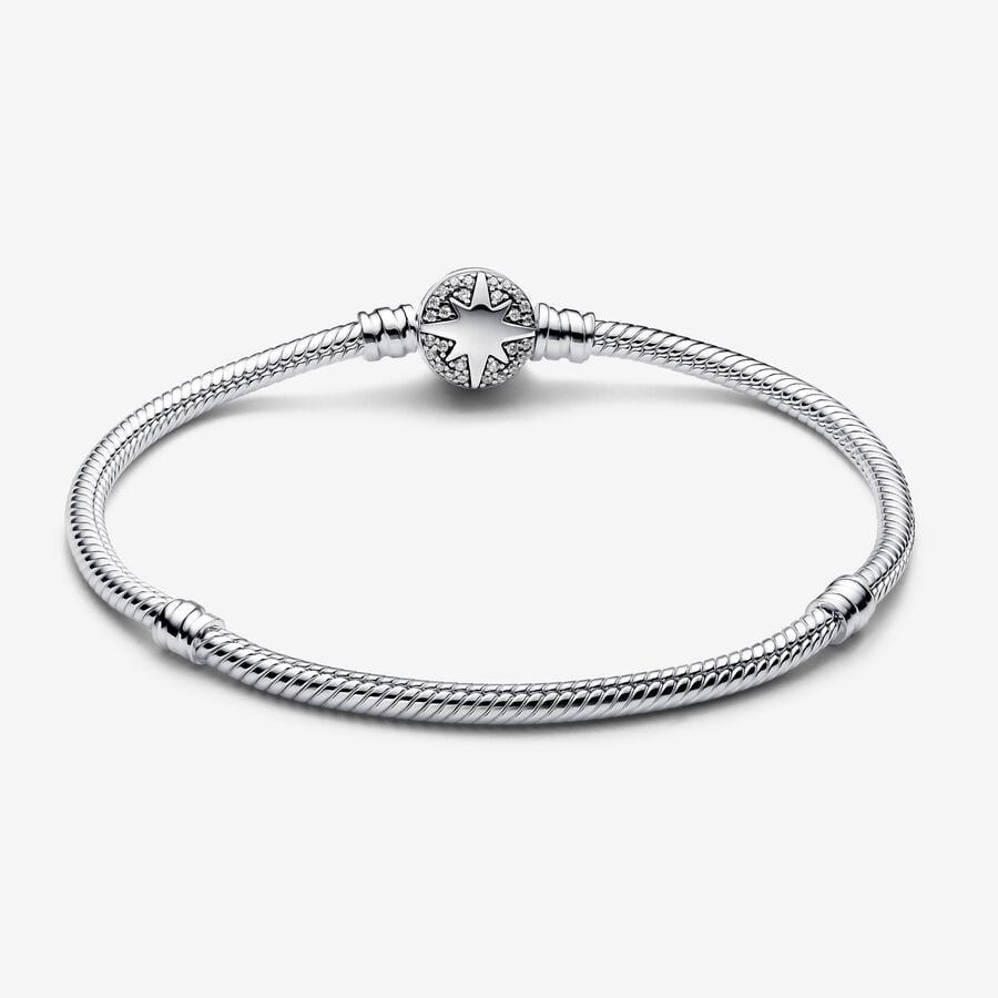 Snake chain sterling silver bracelet with north star clasp and clear cubic zirconia
