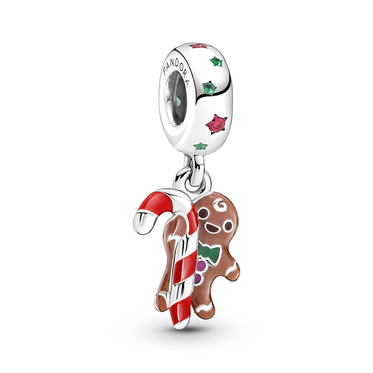 Pandora Ginger bread man with candy cane sterling silver dangle with spectra green crystal, red cubic zirconia, red, pink, brown and green enamel