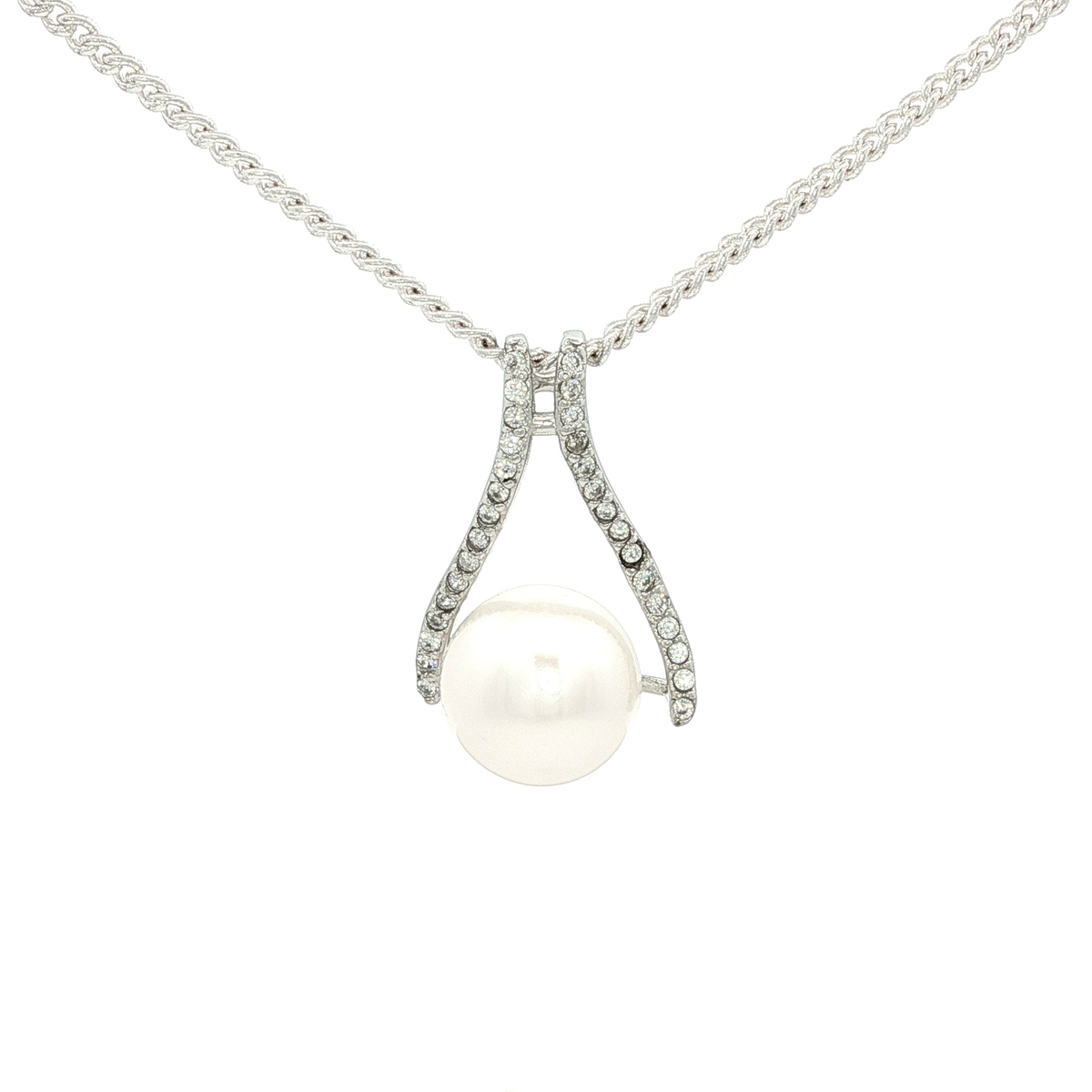 White Freshwater Pearl Wishbone Pendant Encrusted with Cubic Zirconias