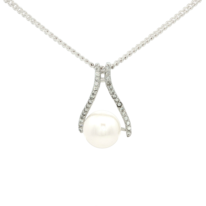 White Freshwater Pearl Wishbone Pendant Encrusted with Cubic Zirconias