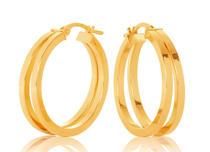 Double Square Profile Tubed Hoop Earring in Yellow Gold