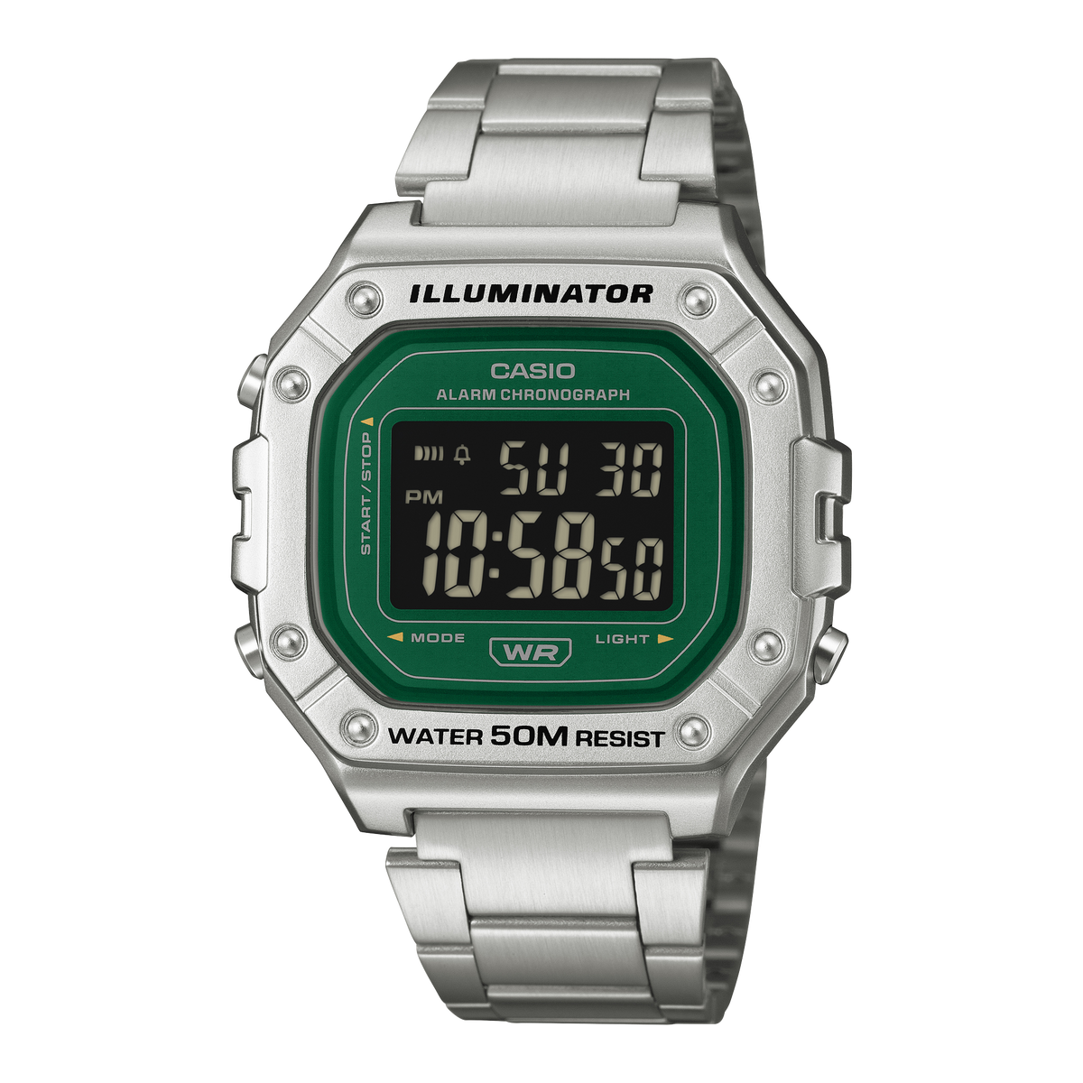 Casio Digital Green Dial Stainless Steel Band W218HD-3A