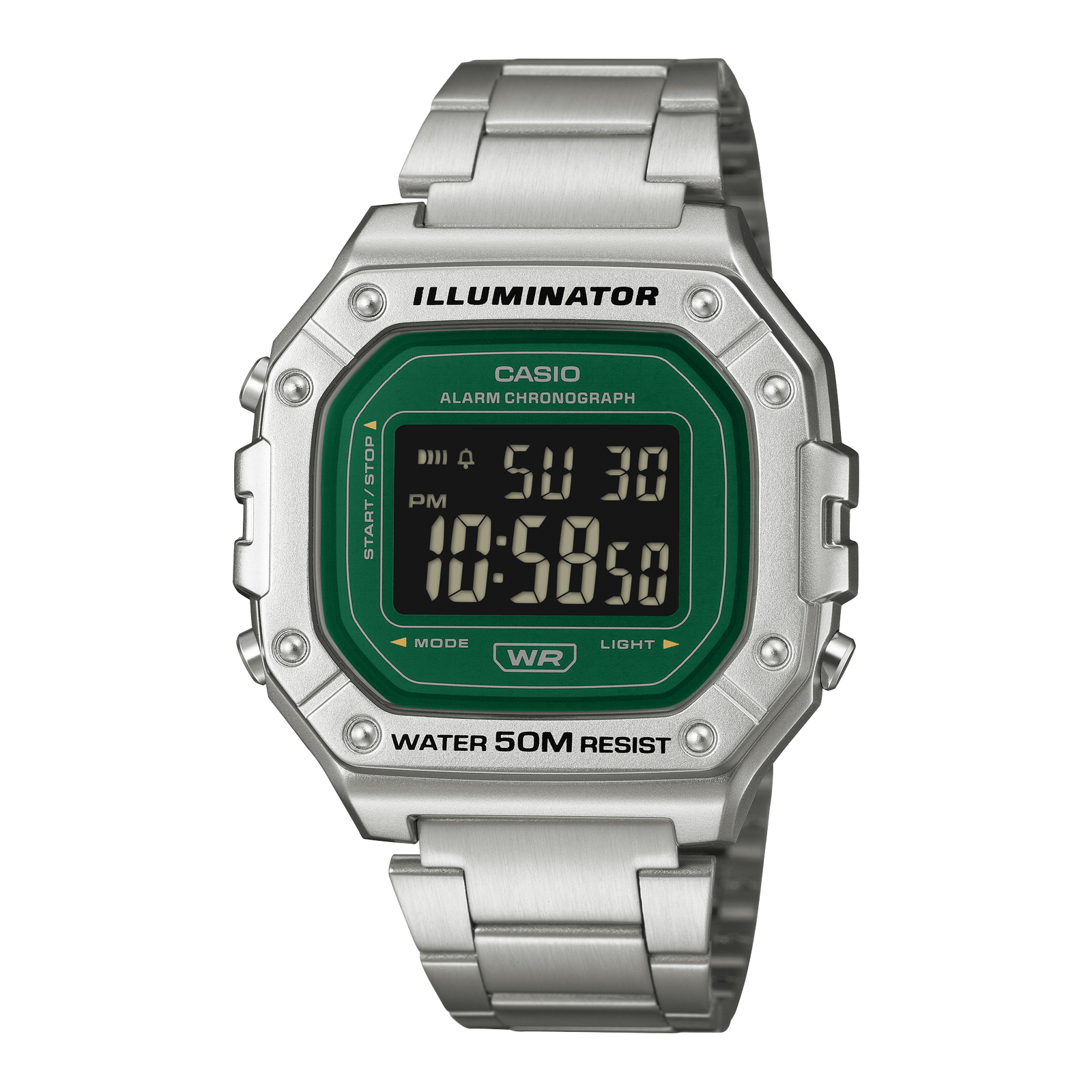 Casio Digital Green Dial Stainless Steel Band W218HD-3A