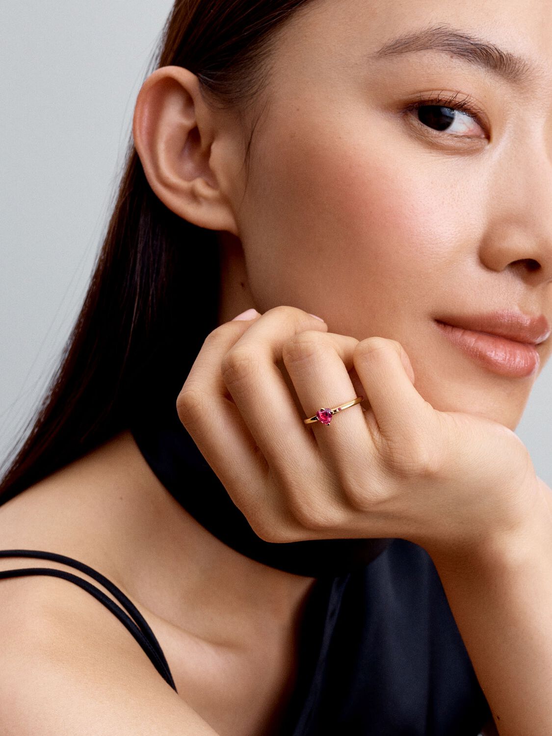 Heart 14k gold-plated ring with cherries jubilee red crystal