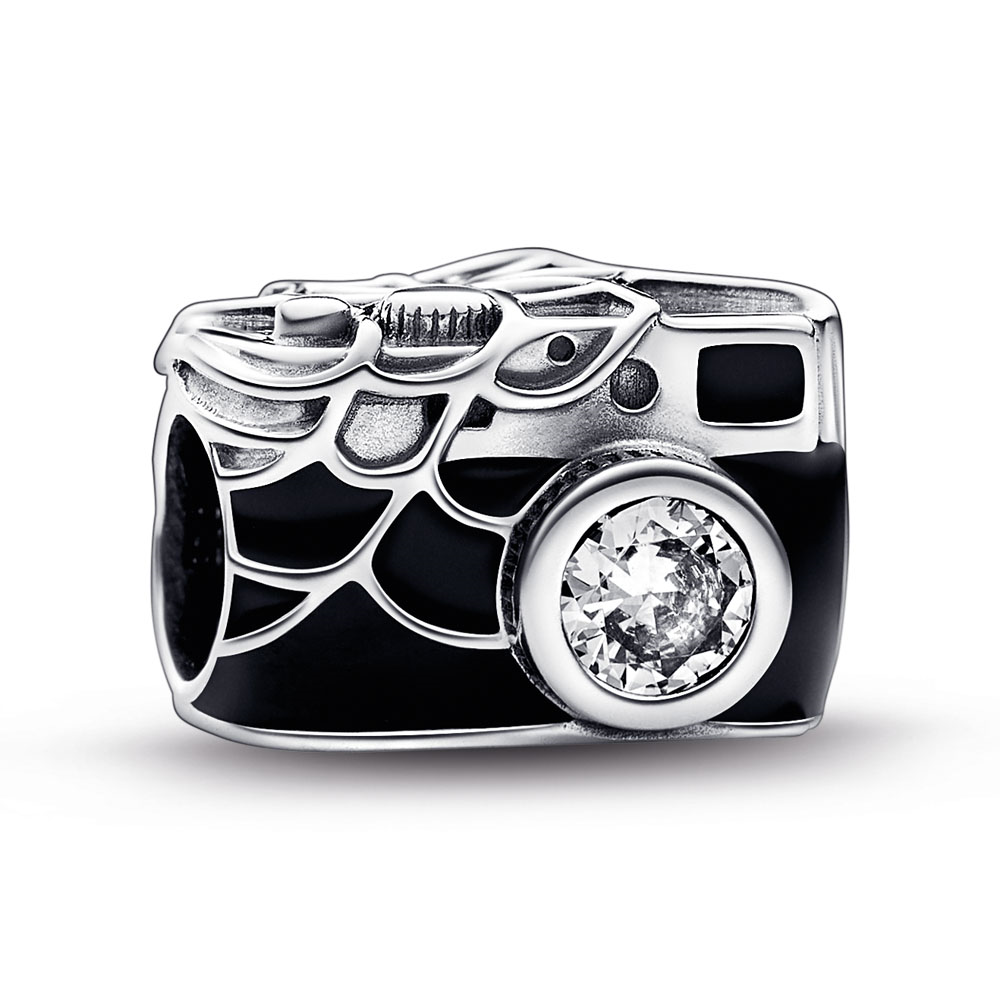 Marvel Spider-Man camera sterling silver charm with clear cubic zirconia, black, blue and transparent red enamel