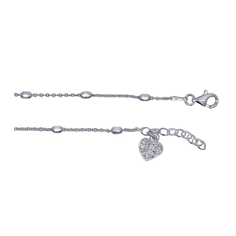 Sterling Silver Cable and Ball Anklet with White CZ Heart