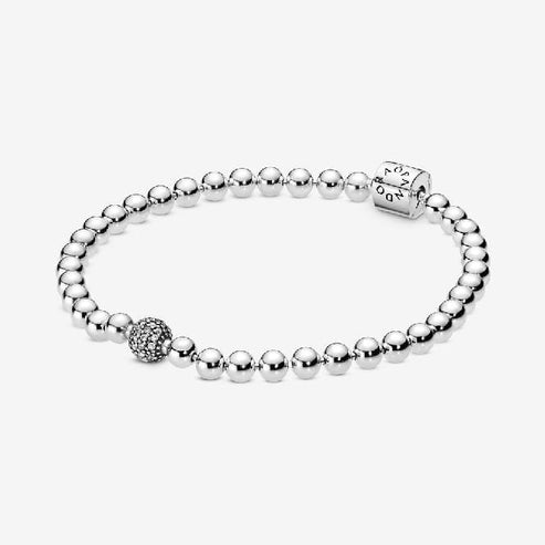 Beads & Pave Silver Bracelet w Clear CZ
