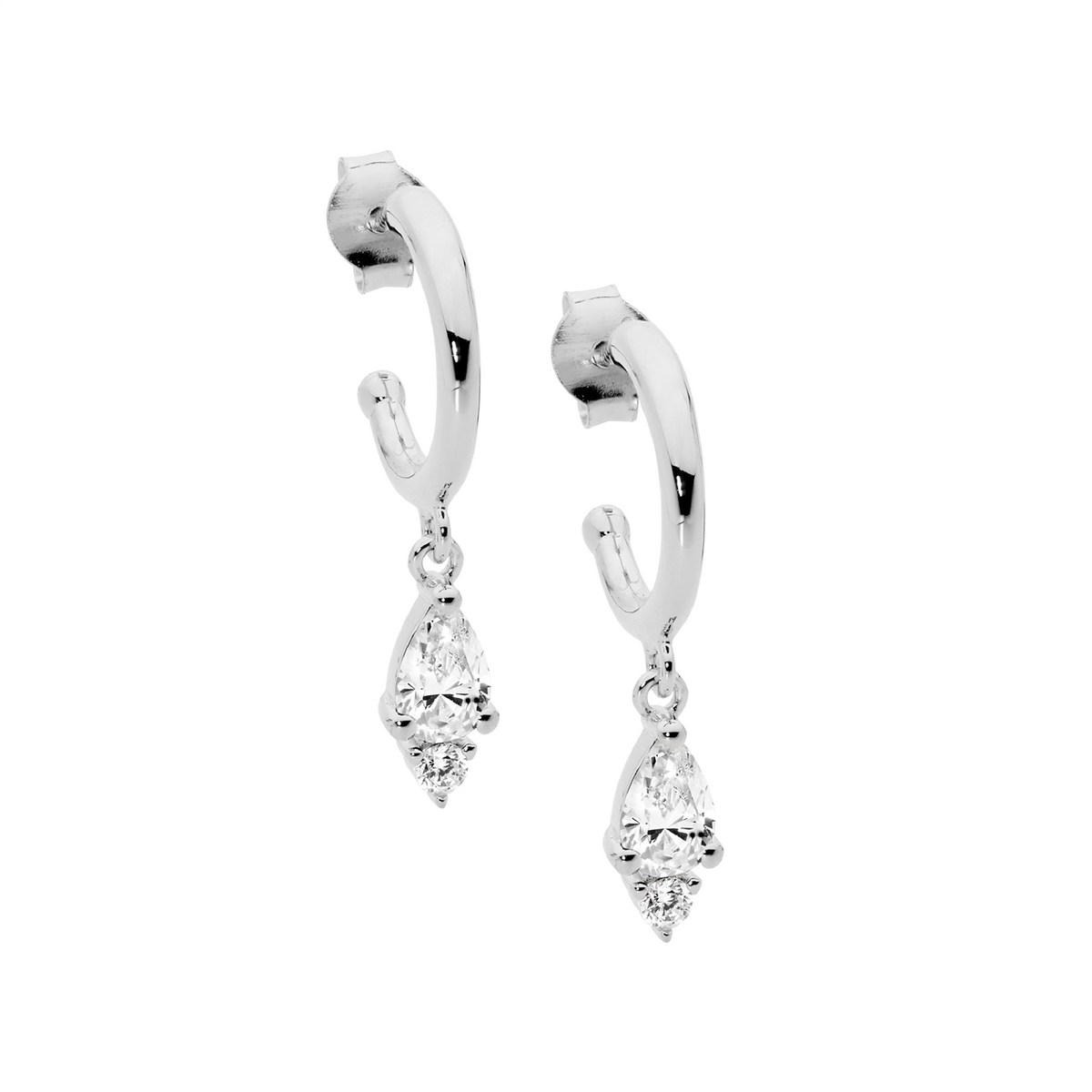 Ellani SS 13mm Hoop Earrings, Pear & RND WH CZ Drop